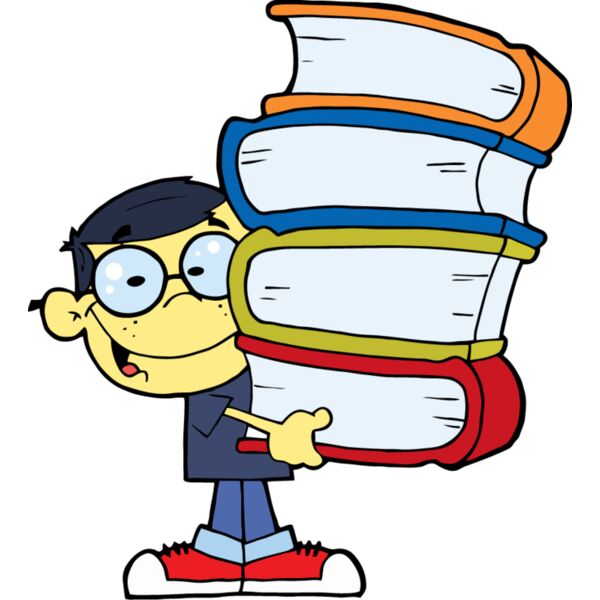 boy with glasses holding 4 big books Thumbnail
